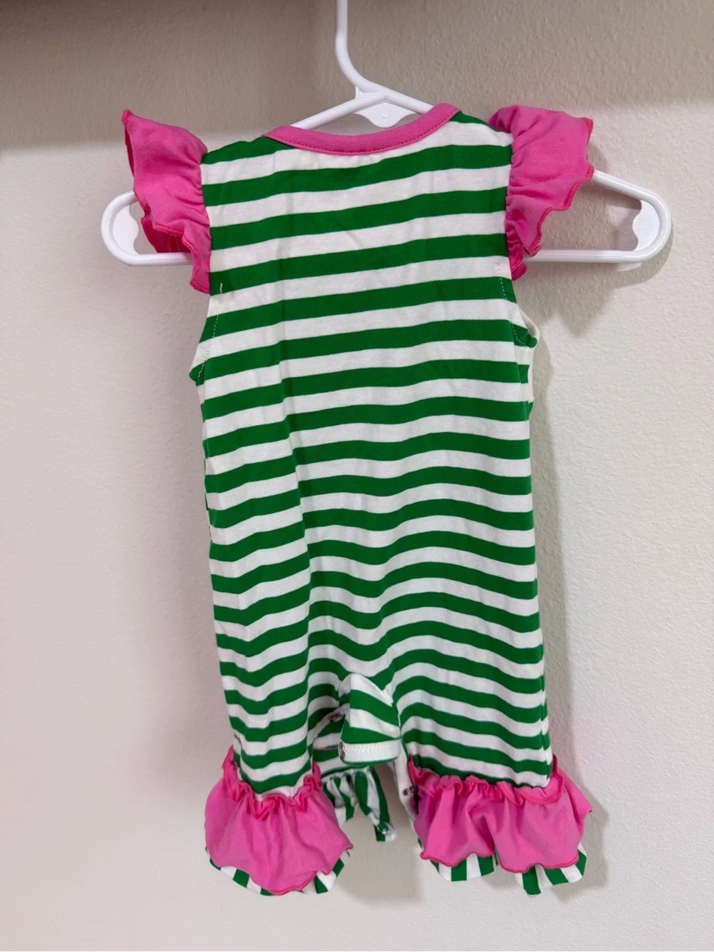 Green & White Striped Shamrock Baby Romper with Pink Ruffle Trim